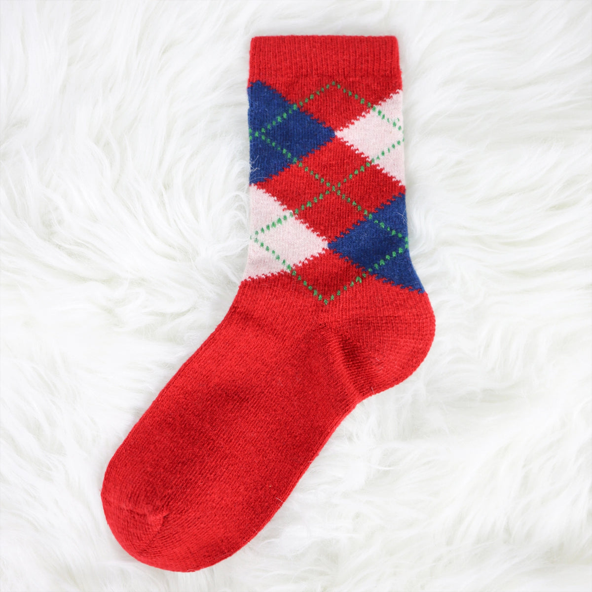 7DAYSSOCKS - Women’s Winter Thick Wool Knit Crew Socks, Red Angora Argyle