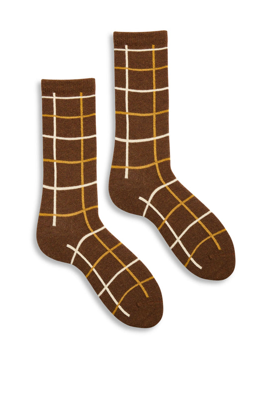 lisa b. - women's windowpane wool cashmere crew socks - acorn