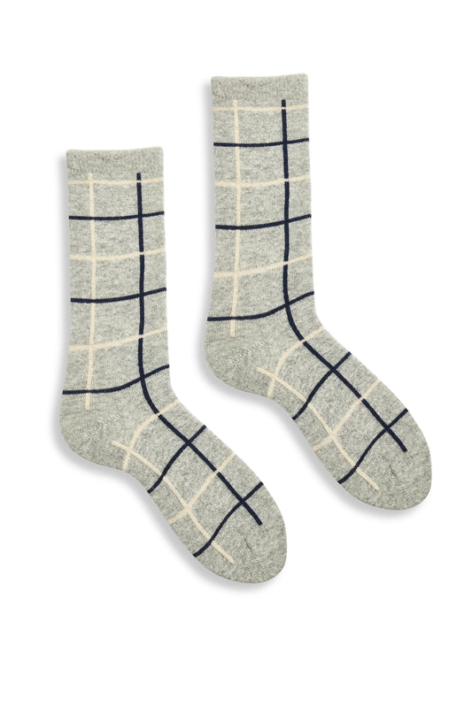 lisa b. - women's windowpane wool cashmere crew socks - light grey heather
