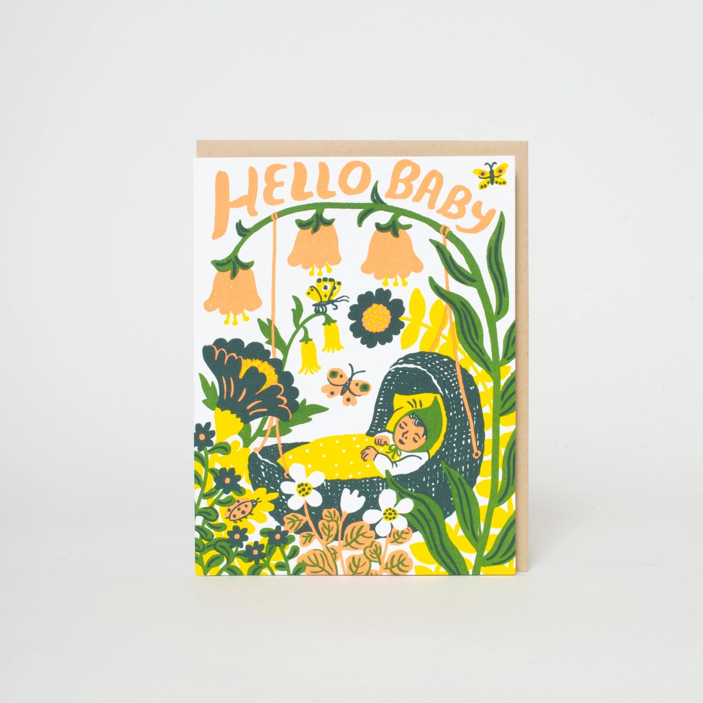Hello Baby Bassinet Yellow Letterpress Card