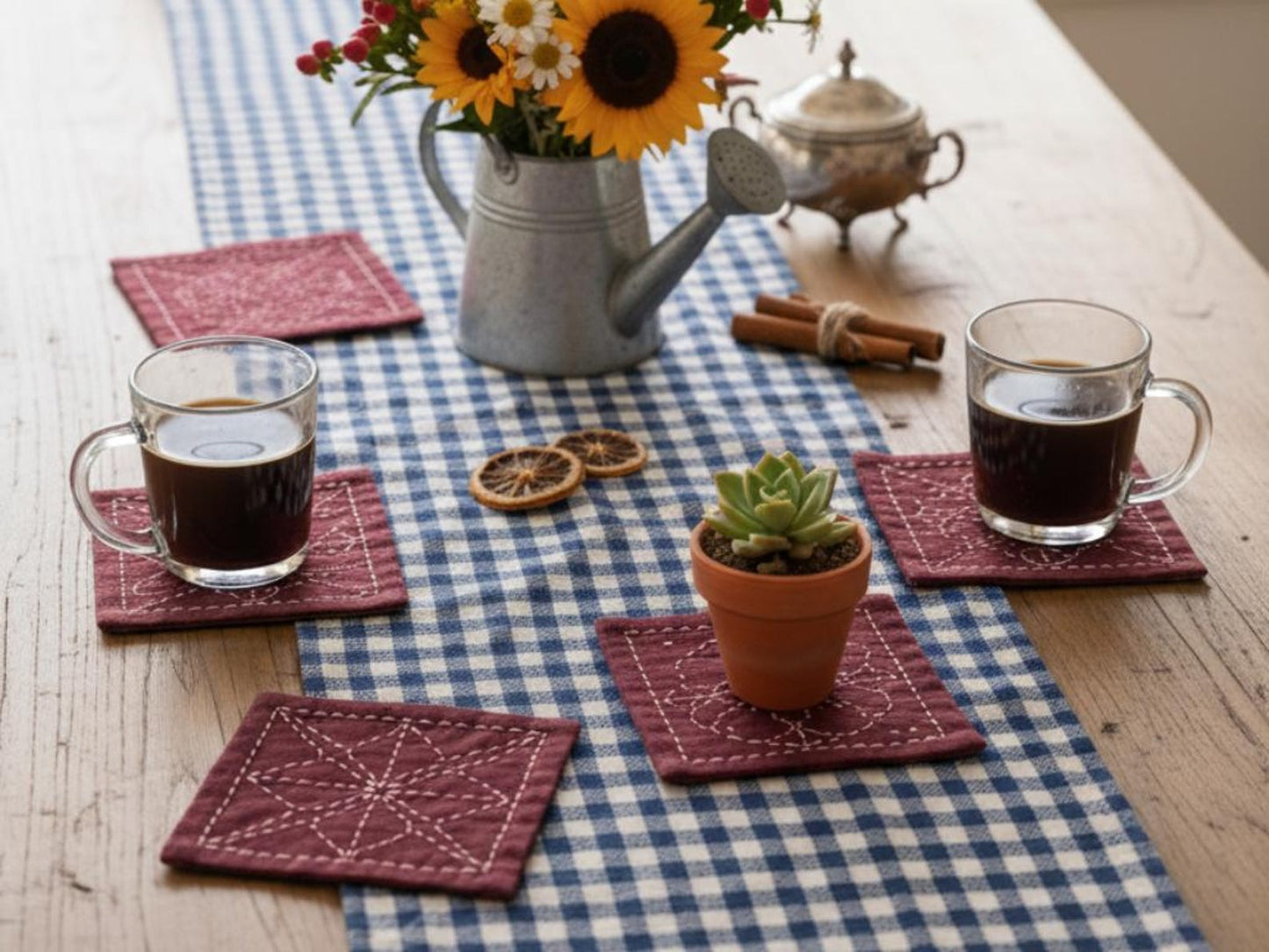 Sashiko Tsumugi Coaster Kit Burgundy