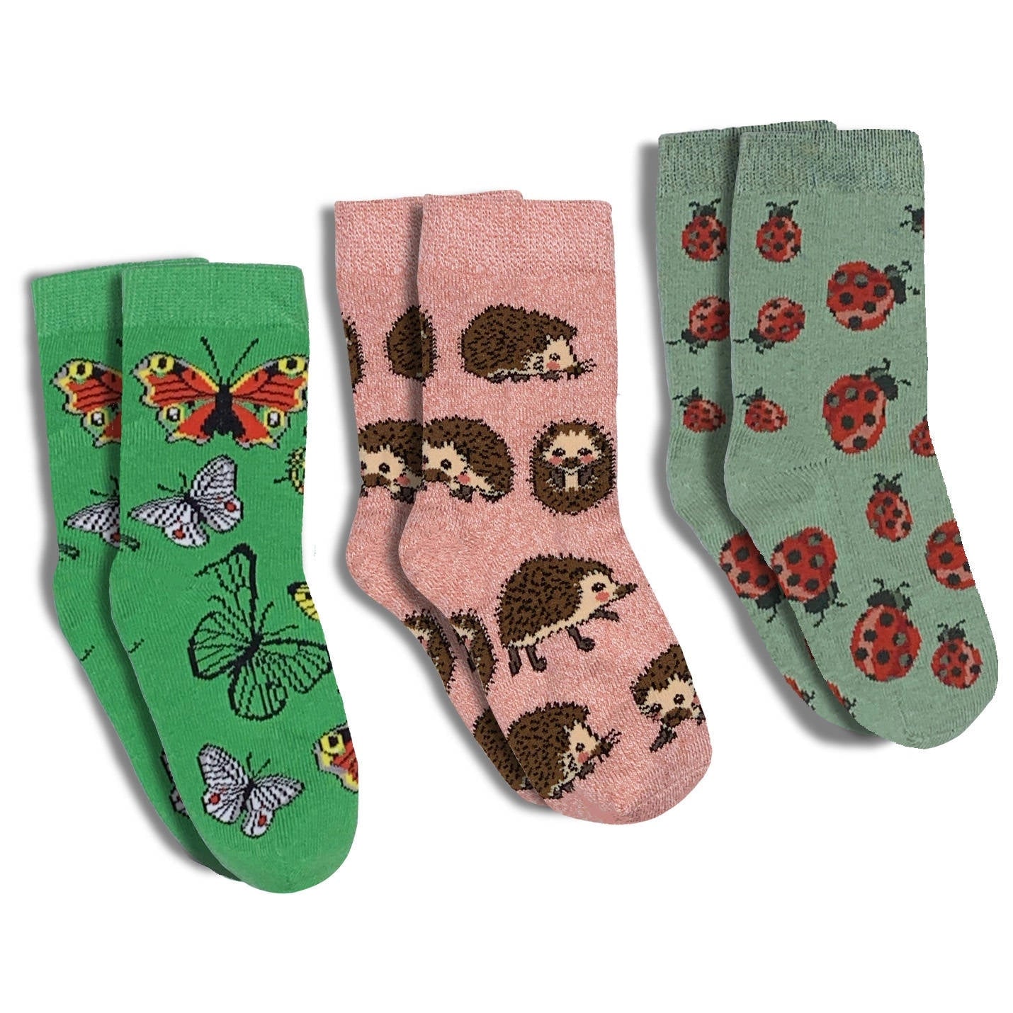 Good Luck Sock - Butterflies, Hedgehogs and Ladybugs Kids Socks / 3-Pack 2-4 Years