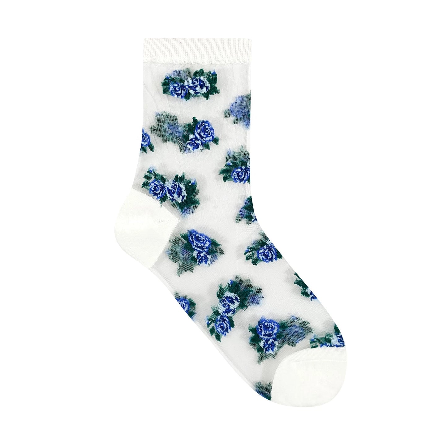 7DAYSSOCKS - Women's Crew Sheer Pink and Blue Floral See-Through Socks 7KC06-2