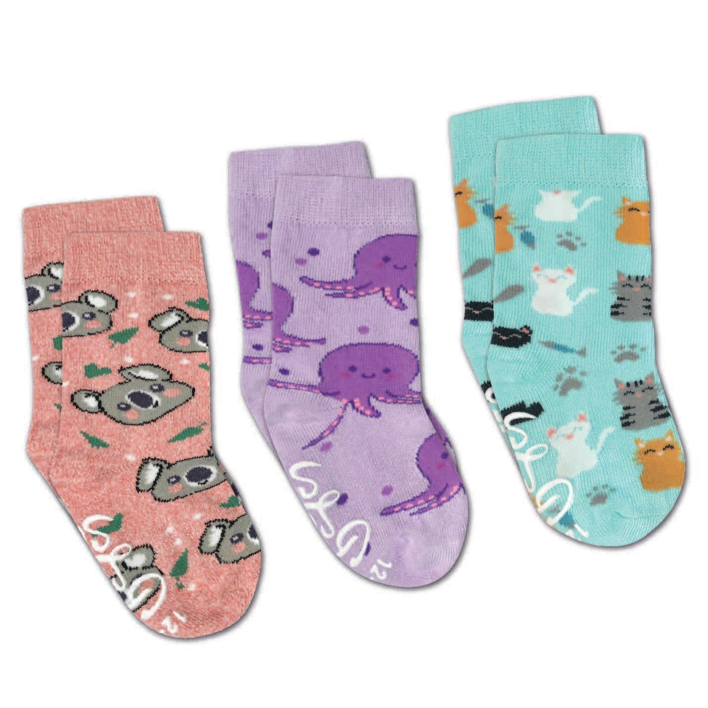 Good Luck Sock - Cats, Koala and Octopus Kids Socks / 3-Pack 2-4 Years