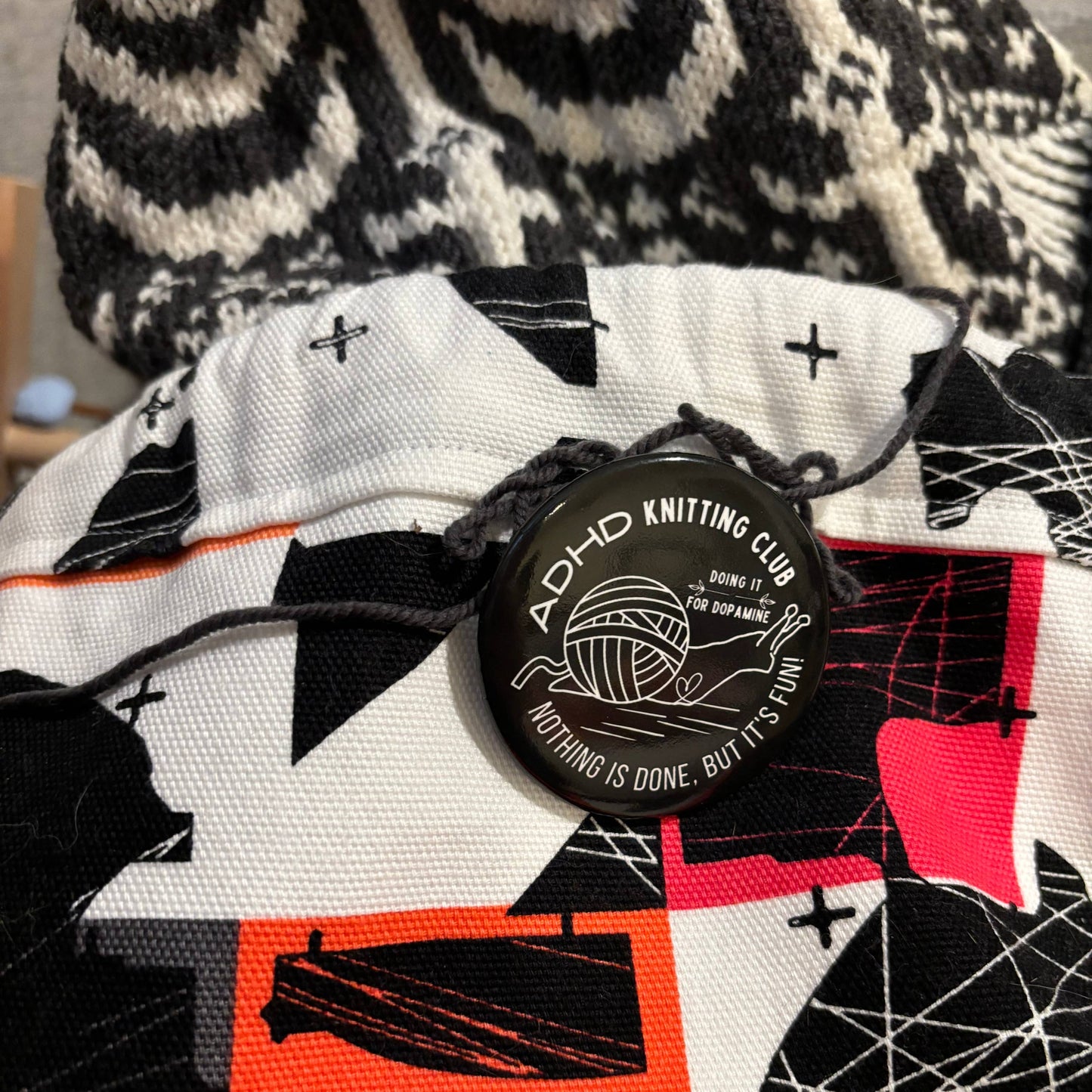 2.25" Pinback buttons - ADHD Knitting Club