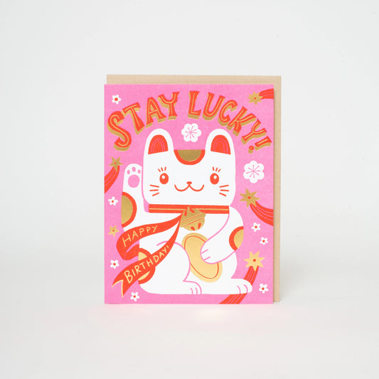 Birthday Stay Lucky Cat Letterpress Card