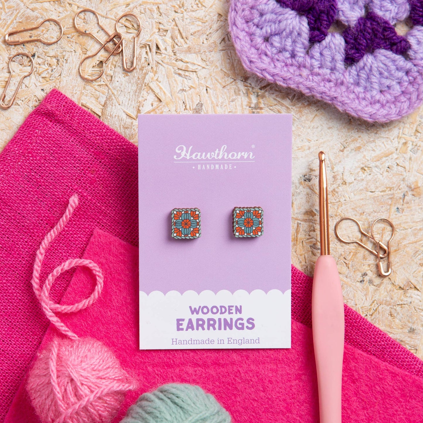 Granny Square Wooden Earrings