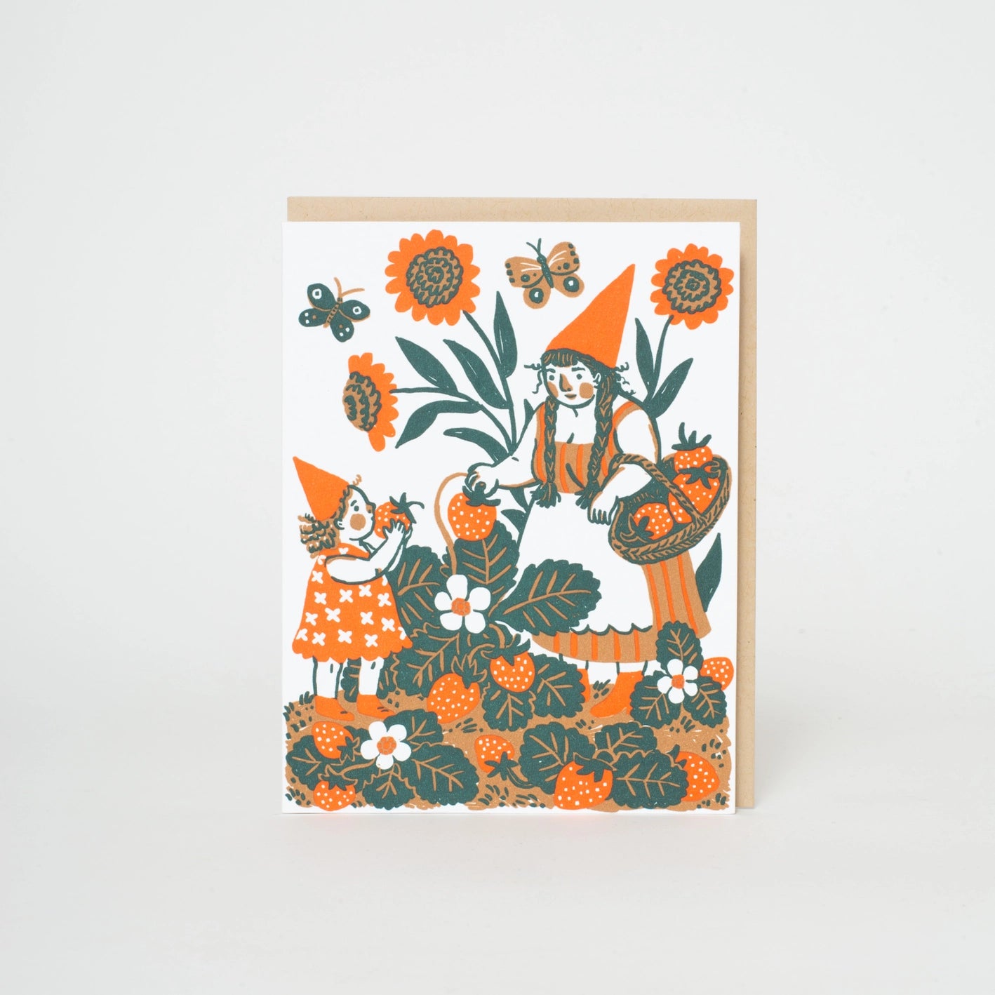 Strawberry Picking Gnome Letterpress Card