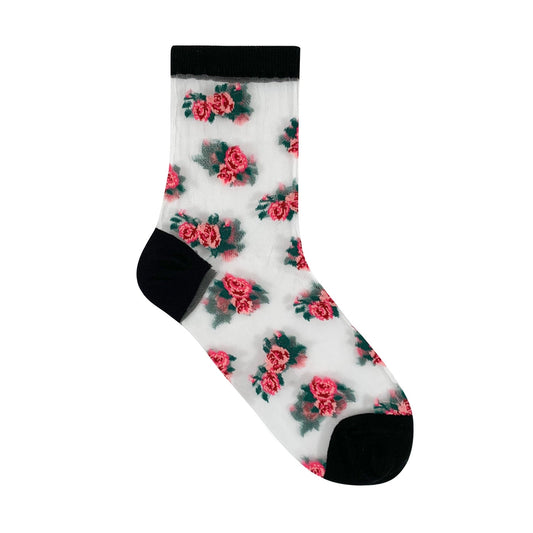 7DAYSSOCKS - Women's Crew Sheer Pink and Blue Floral See-Through Socks 7KC06-1