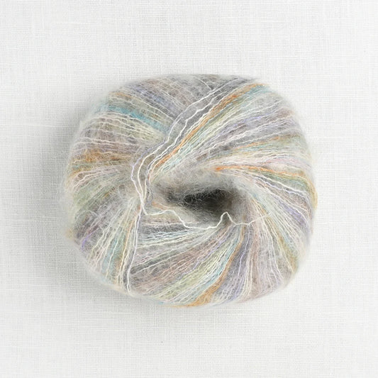 A fluffy ball of white, orange, brown, mint green, aqua blue, purple, baby pink and charcoal grey variegated yarn. 
