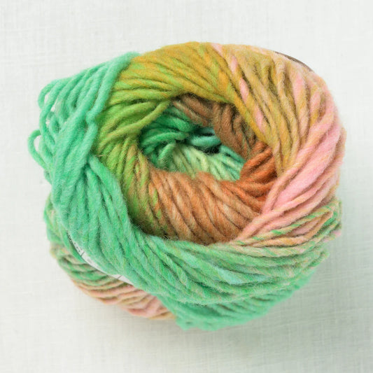 A multicolored ball of sea green, orange, yellow and light pink wool yarn. 