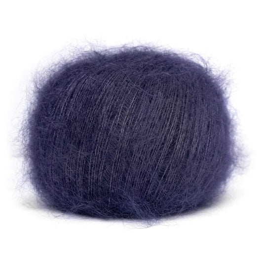 A ball of fluffy grape purple yarn. 