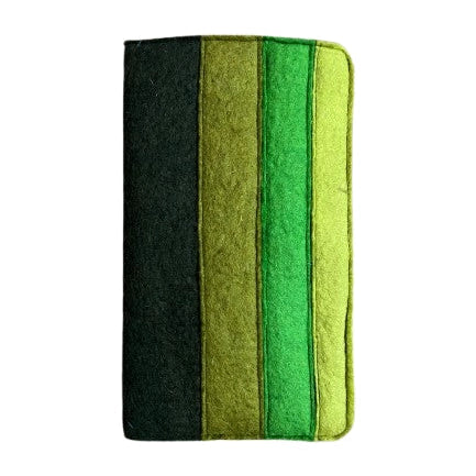 A rectangular felt needle case with three vertical stripes in black, olive green, and lime green, shown on a plain white background.