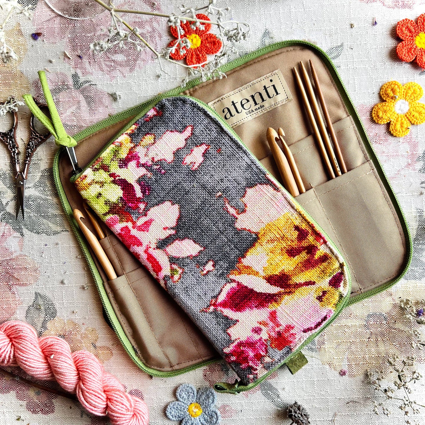 Atenti Blossom Grey Needles, Hooks, and Tools Case