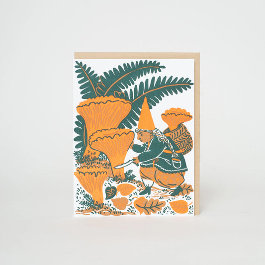 Mushroom Picking Gnome Letterpress Card