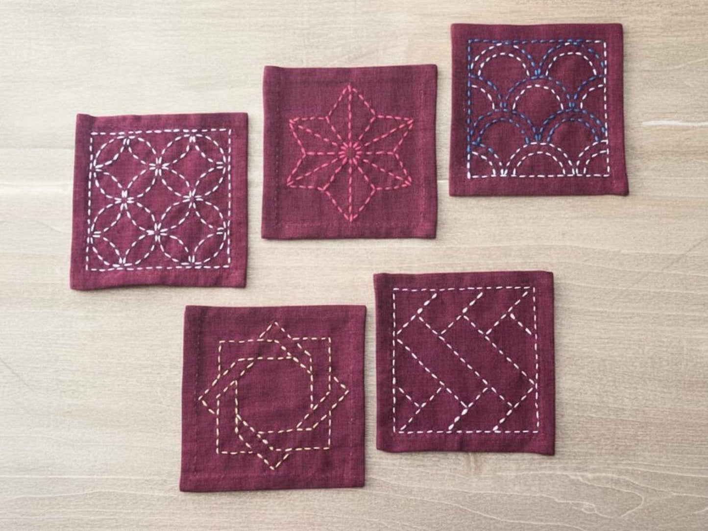 Sashiko Tsumugi Coaster Kit Burgundy